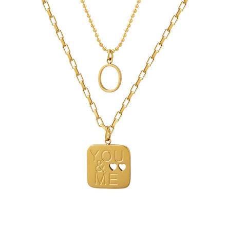 Personalized Double Layered Letter Pendant Necklace Square Stainless Steel Chain Gold Plating Trendy Popular Anniversary Jewelry