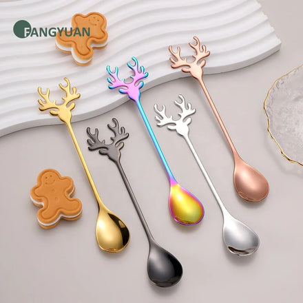 FANGYUAN Nordic Christmas Events Colorful Metal Antler Handle Spoon Stainless Steel 304 Gold Tea Coffee Deer Spoons