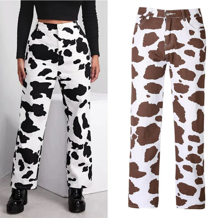 S-XXL Jeans Women's Summer New Milk Print Loose Straight Fashion High Waist Casual Pants