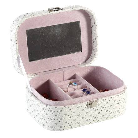 Mirrored Clear View White PU Leather Jewelry Box with Shining Heart Portable Rings Earrings Storage Popular Design