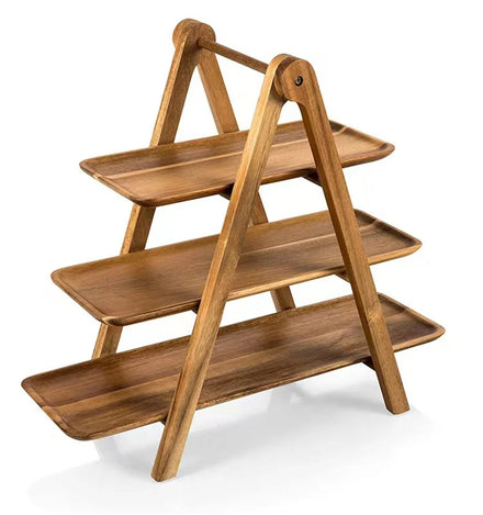 Polished Rustic Solid Wood Stand Tiered Tray Farmhouse Wooden Serving Platters