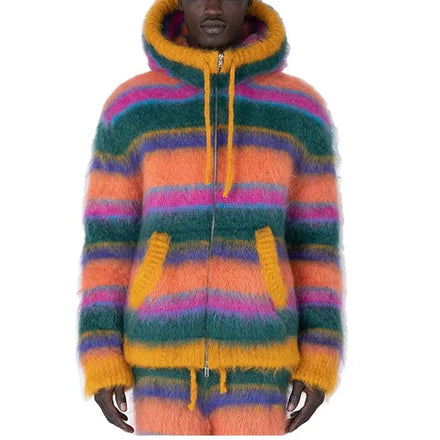 Custom OEM & ODM Mohair Men Sweater Fuzzy Long Sleeve Knitwear Winter Striped Zip-up Hooded Knitted Men Cardigan Sweater