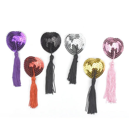 Reusable Adhesive Nipple CoverShiny Sequin Silicone Heart-Shaped Breast Pads Pasties Bra with Tassel