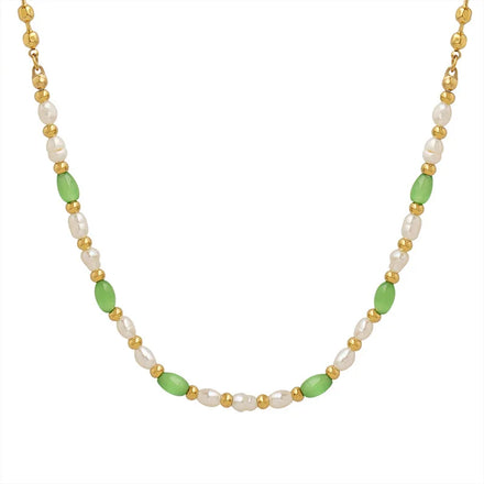 Trendy 18K Coated Stainless Steel Necklace with Waterproof Green Opal Beads Paired Jewelry