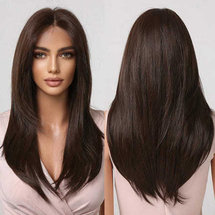 Japan Silk Long Brown Layered 13x1 Lace Front Synthetic Wig Dark Brown Straight Lace Wigs Natural Hairline Soft Hair