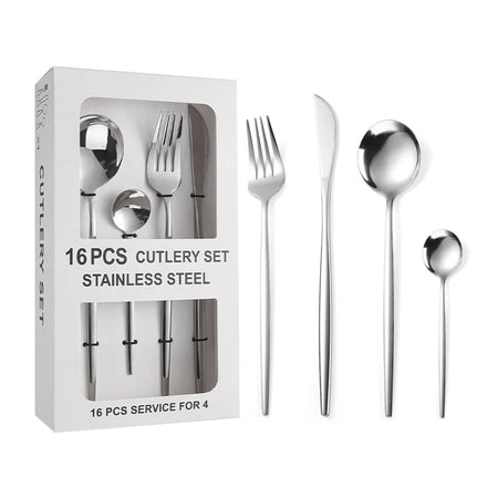 Business Super 16 PCS Flatware Set Silver Spoons Forks Knifes Utensils Sets Portable Portugal Stainless Steel Cutlery Set for 4