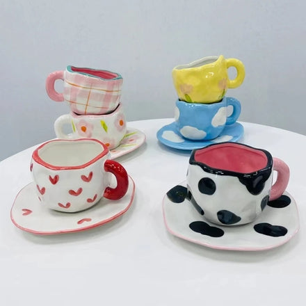 Customized Ins Ceramic Mug Cute Irregular Coffee Cup and Saucer Set Retro Arabic Afternoon Tea Cups
