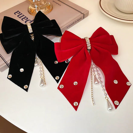 Korea Zircon Bow Diamond Pearl Tassel Hair Clips for Women Girls Ponytail Hair Accessories