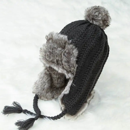 Custom logo Winter Toque Warm Faux Fur Knitted Beanie Hat Ear Flaps Trapper Hat for Men Women