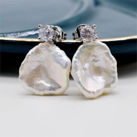 Aimgal Vintage 15-18mm Baroque Keshi Pearl Earrings: 5A Zircon S925 Silver Pin Natural Freshwater Pearl Fine Jewelry