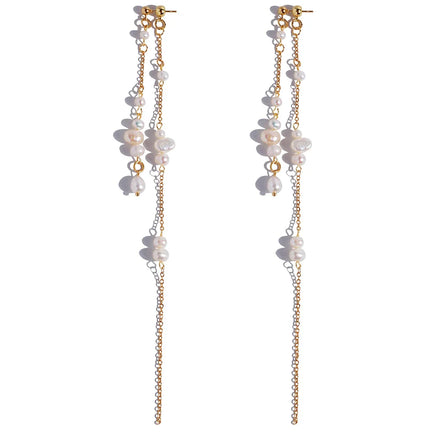Handmade Gold Elegant Bridal Freshwater Pearl Long Tassel Drop Earrings Fashionable Wedding Accessory