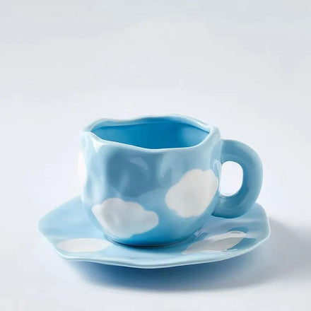 Handmade Blue Cloud Irregular Stoneware Ceramic Mug Coffee Cup Saucer Set Arabic Tea Cups Plate Eco-Friendly 300ml Handcrafted