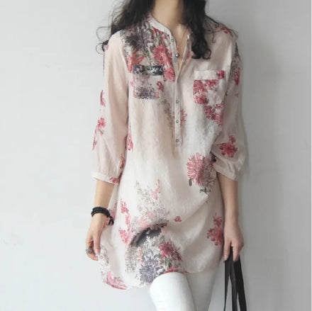 Fashion Cotton Linen Floral Blouse Shirt Casual Loose Buttons Tops Casual Summer Ladies Female Women Long Sleeve Blusas Pullover