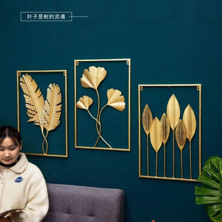 Rectangle Modern Luxury Metal Ginkgo Palm Leaves Wall Decoration Wrought Gold Iron Leaves Display Art Hanging on Wall