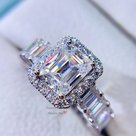 Women Engagement Ring Real Gold 8.83 Carat Emerald Cut Vvs White Gold 14k Moissanite Ring