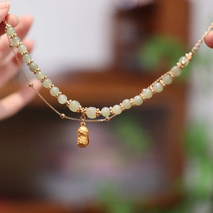 Trendy Peanut Double Chain S925 Silver Bracelet Unique Design 18K Gold Plated Natural Jade Opal Women Charm Bracelet