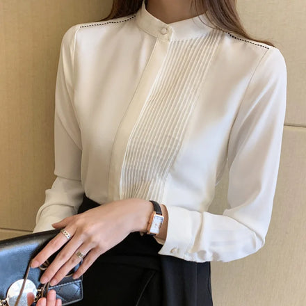 Spring and Autumn New Women's Long Sleeve Shirt Korean Casual Solid Color Elastic Chiffon Stripe Blouses Thin Slim Top