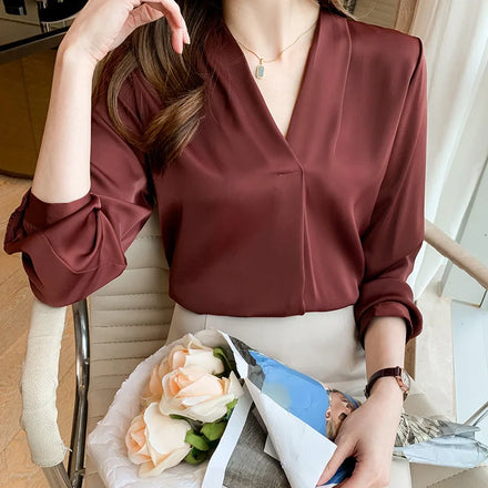 Fashion Red Satin Silk Blouse Women Ladies Casual Long Sleeve Vintage V Neck Solid Shirts Office Women Blouses Shirts