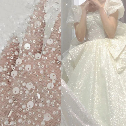 Hot Sale 90*150cm Diy Wedding 3D Sequin Bead Cloth Sequin Fabric Bridal Lace Beaded Embroidery Mesh Lace Fabric for Dress