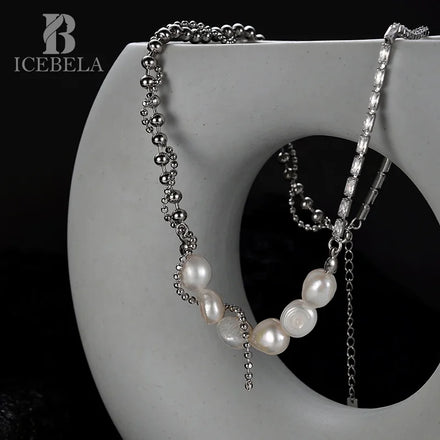 ICEBELA Jewelry Pearl Necklace Fashion Hip-hop Beaded Sweater Chain Accessories 925 Sterling Silver American Simple Natural 5mm
