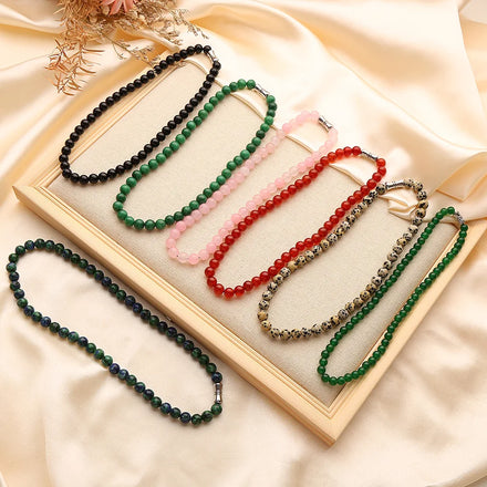 8mm Wholesale Dainty Natural Agate Stone Beaded Necklace Multicolor Gemstone Choker Stainless Steel Necklace for Women