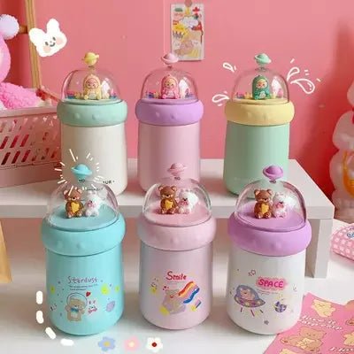 Ins Simple and Lovely Cartoon Stainless Steel Thermos Cup Student Portable clear Cover Doll Cup Girl Style Water Bottle for Kids