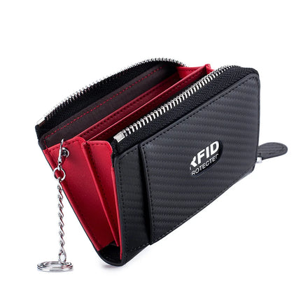 Factory Price Carbon Fiber Wallets with Keyting PU Leather ID Credit Card Holder Ziplock Cash Name Card Pouch