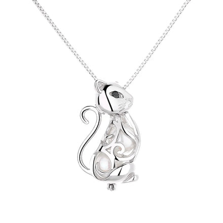 Cute 925 Sterling Silver Cat Pearl Pendant Necklace Jewellery