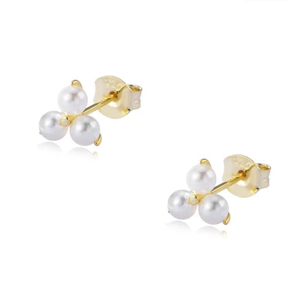 Fashion Jewelry Earrings 925 Sterling Silver Pearl Earring Three Pearls Gold Plated Stud Earrings for Women