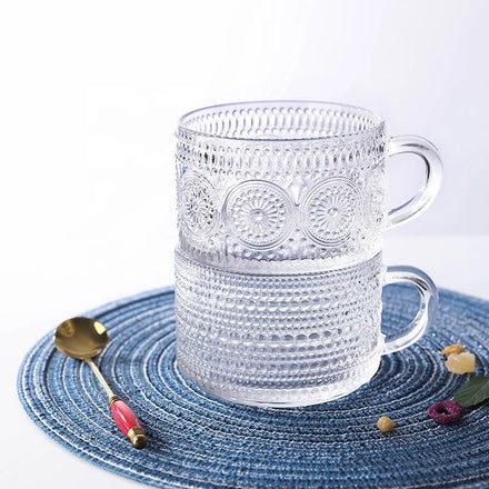 14oz Sunflower Bead Coffee Milk Tea Juice Breakfast Stackable Glass Drinkware Set Vintage Embossed Glass Coffee Mugs with Handle