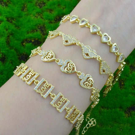 Rhinestone Heart Charm Bracelet Fashion 18K Gold Plated Zircon LOVE Bangles for Women Jewelry