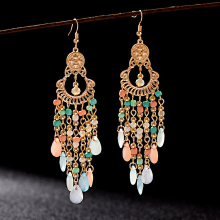 Classic Trendy White Crystal Long Tassel Gold Plated Feather Shape Bohemia Beads Wedding Earrings Unisex Douvei