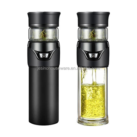 Tea and Water Separation Double Wall Glass with Stainless Steel Tea Infuser Filter Business and Sport Type Bottle