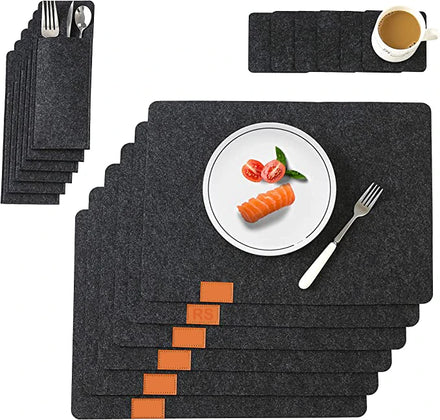 Felt Placemats Durable Material Easy-Cleaning Felt Placemats with PU Leather Logo Felt Placemats Set with Coaster Cutlery Bag
