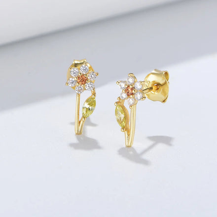 Fine Jewelry Earrings 925 Sterling Silver Earrings Flower Leaf Colored Zircon Gold Plated Stud Earrings for Women