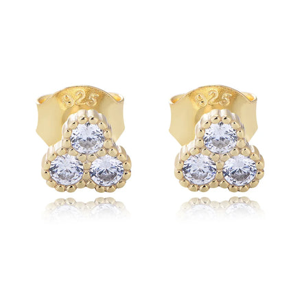 925 Sterling Silver Earrings Flower Shaped Three Zircon Gold Plated Stud Earrings for Women