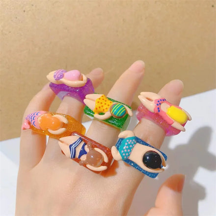 Japanese Korean New Cute Colors Geometric Acrylic Ring Cartoon Character Swimming Resin Ring for Women