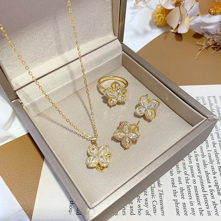 Ashion Three-dimensional Flower Fine Jewelry Light Luxury Set Zirconia Jewelry Set INS Style Rotatable Rings for Women