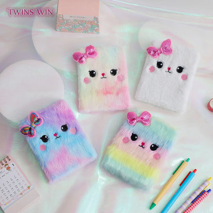 Custom Cute Girls Diary Book Kids Birthday Gift Cartoon Cat Plush Cover Notebook 2935