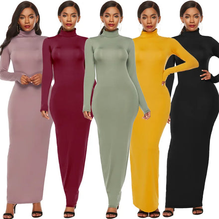 New Product Solid Color Turtleneck Plus Size Knitted Casual Bodycon Long Sleeve Women Dresses