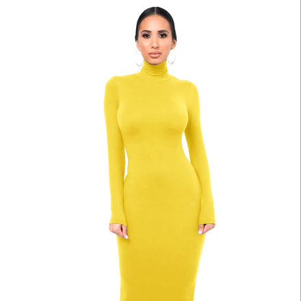 Winter Plain Color Fleece Turtle Neck Casual Bodycon Midi Long Sleeve Dresses Women