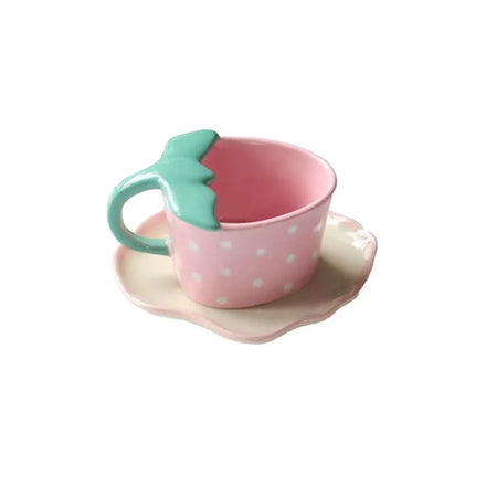Irregular Ins Hand-Painted Pink/Red Strawberry Ceramic Mug and Saucer Set Eco-Friendly 210ml Capacity for Afternoon Tea Coffee