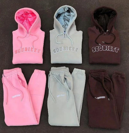 Custom Chenille Towel Embroidery Print Tracksuit Two Piece Jogging Suit Satin Lined Unisex Hoodie and Jogger Sweatpants Set Men