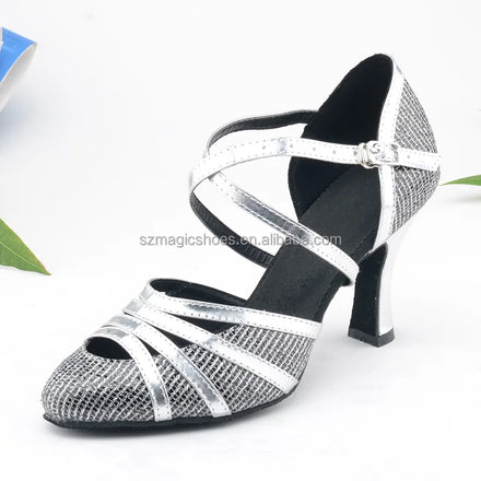 Wedopus Black Silver Glitter Latin Dance Shoes Customized Heel