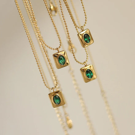 18K Gold Plated Green Pendant Necklace Fashion Stainless Steel Waterproof Jewelry Beaded Chain Necklace