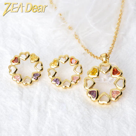 Simple and Delicate rainbow Color Zircon Heart Shaped Necklace Earrings Set for Girls and Women Designed Fashion Zircon Jewelry