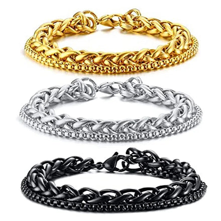 Fashion Trendy Stainless Steel 2pcs Pack 21cm Double Layers Layered Men Chain Bracelet Set Jewelry