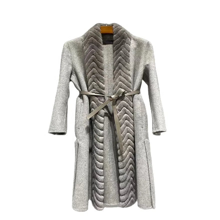 Winter Fashion Woman Lamb Cashmere Outwear Real Mink Fur Collar Wool Fur Coat