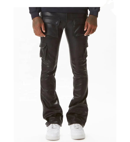 KY Homme Black Custom Flare New Design High Street Wear Hot Sale Leather Flare Cargo Stacked Pants Men