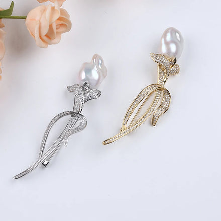 Wholesale Luxury Jewelry Tulips Natural Freshwater Baroque Pearl Gold Plated White Trendy Unisex Decorative Brooch